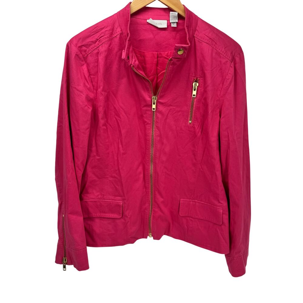 Chico's Jacket Womens Large‎ Hot Pink Full Zip Lined + Pockets Coastal Cotton